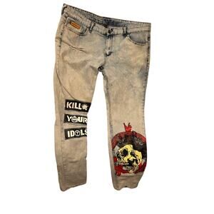 Watson Distressed Lite Wash Skull Patch Punk Jeans 40x33